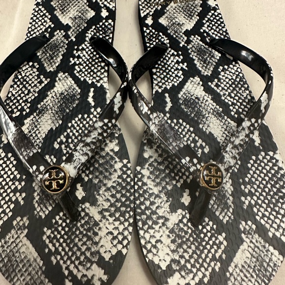 Tory Burch Black and White Snake Print Flip Flops - Picture 3 of 3